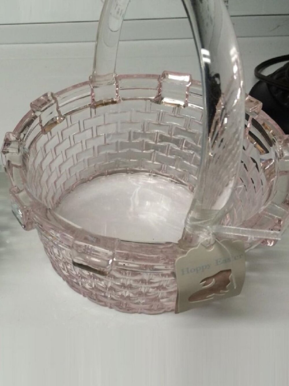 brand new Barely-Pink Clear Glass EASTER BASKET Candy Dish